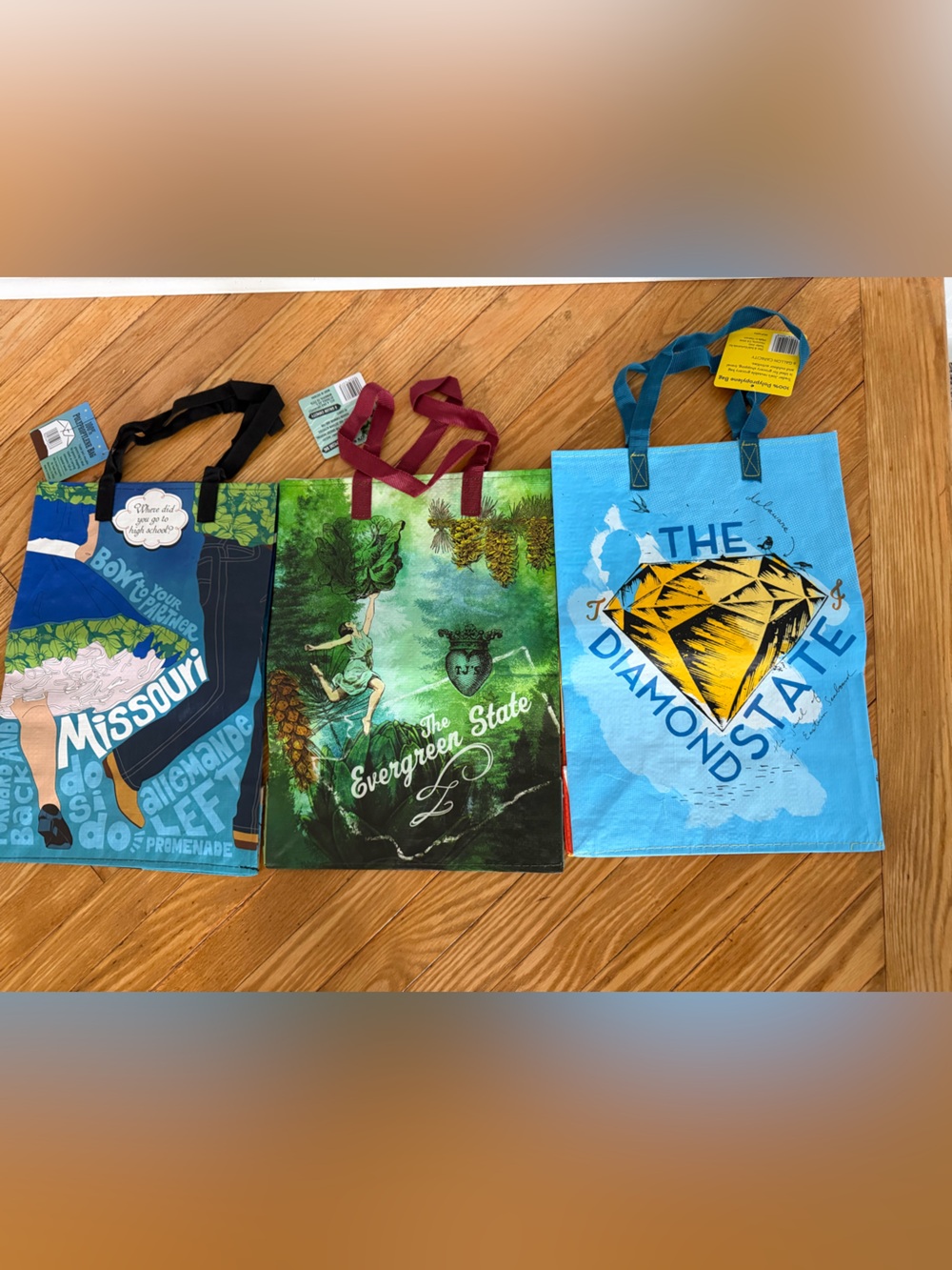 Trader Joe’s reusable bags. Three new, unused bags. One from each state. $15.
